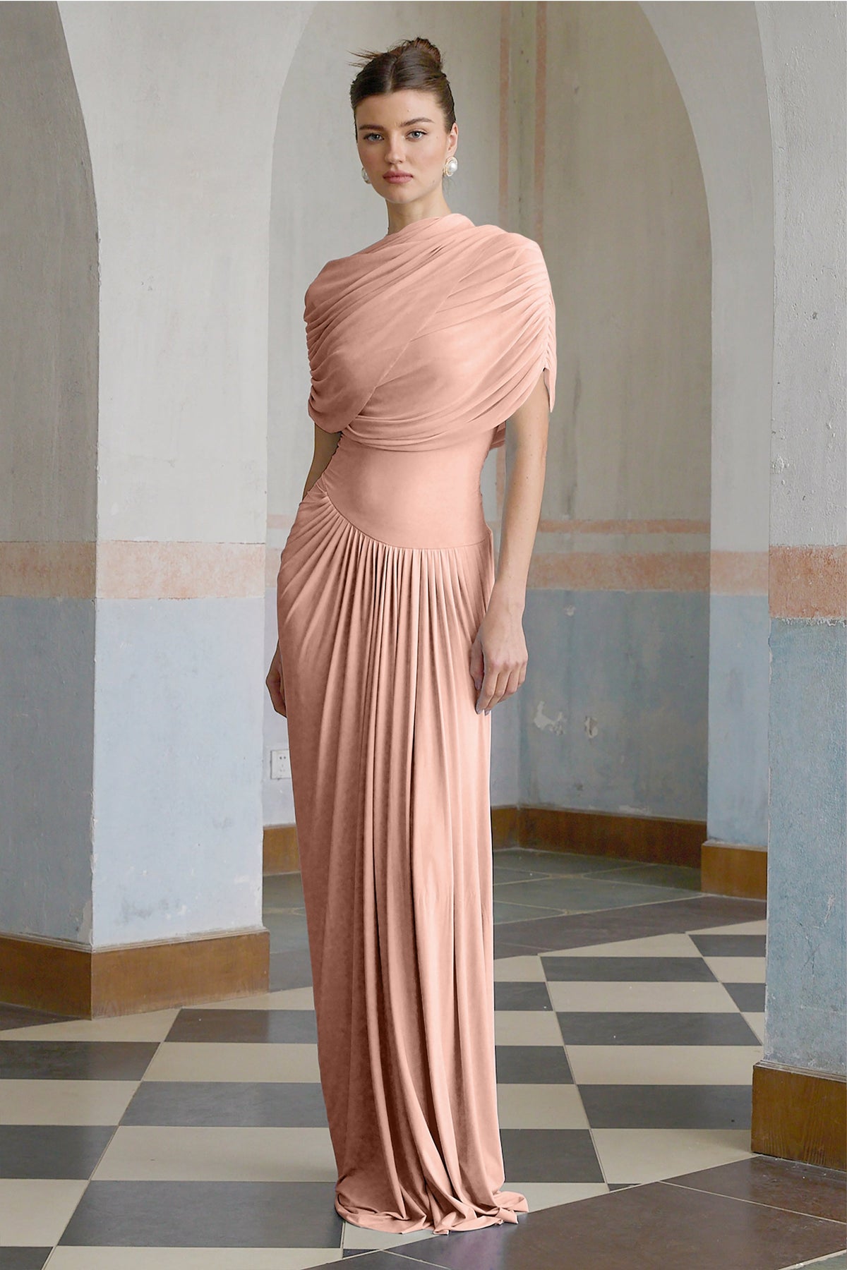 Catherine Asimetrik Pileli Maxi Elbise Pembe