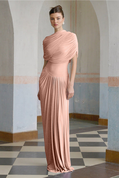Catherine Asimetrik Pileli Maxi Elbise Pembe