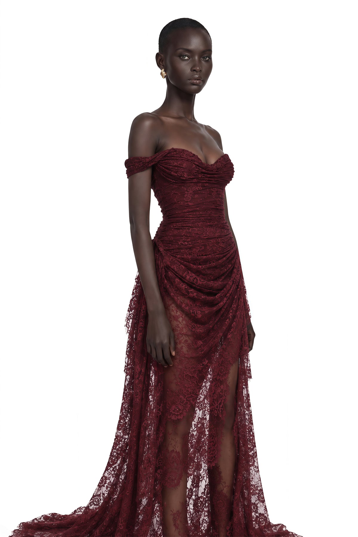 Eline Drape Detaylı Çiçekli Dantel Maxi Elbise Bordo
