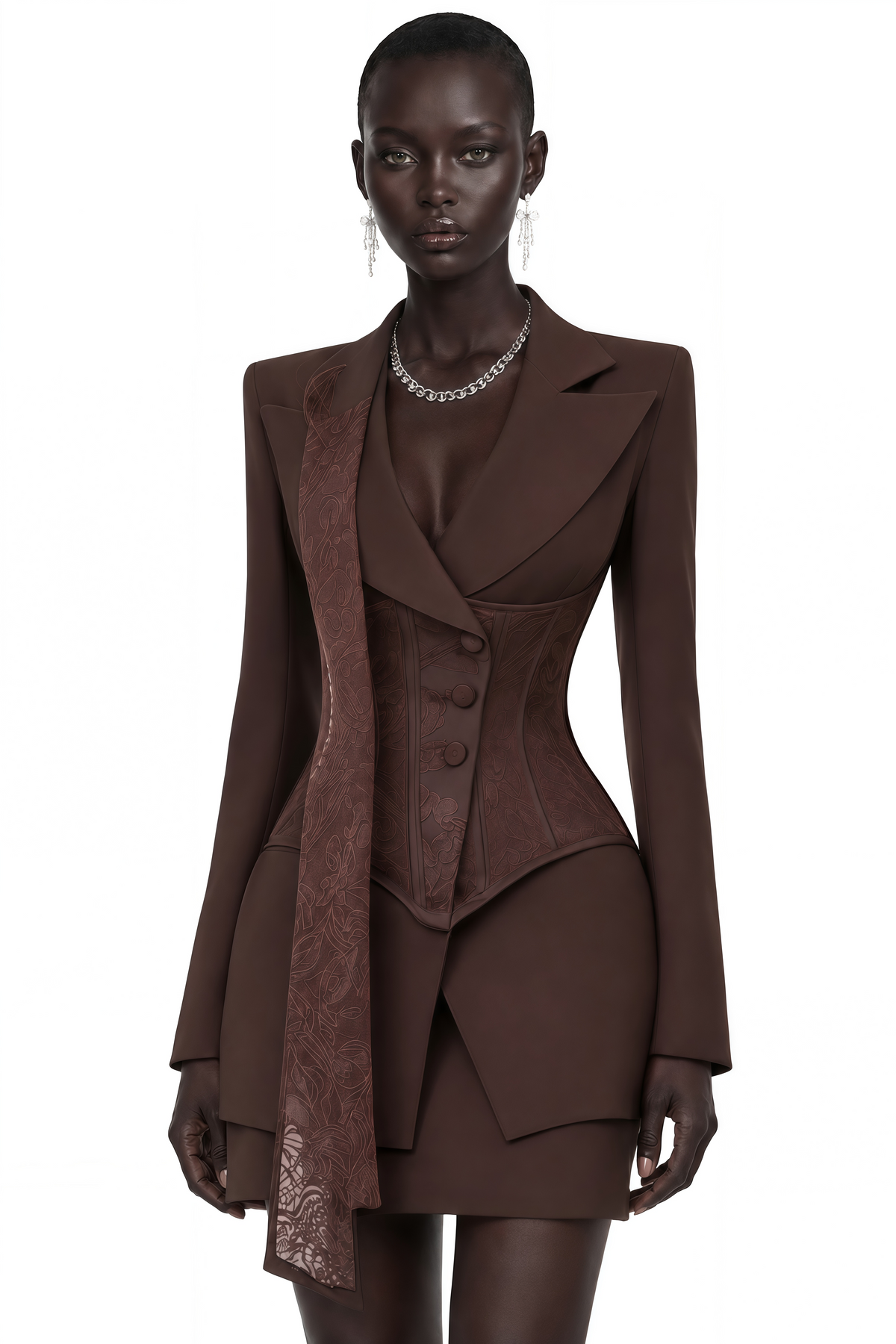 Sienna Dantel Detaylı Blazer Ceket ve Etek Takım Kahverengi
