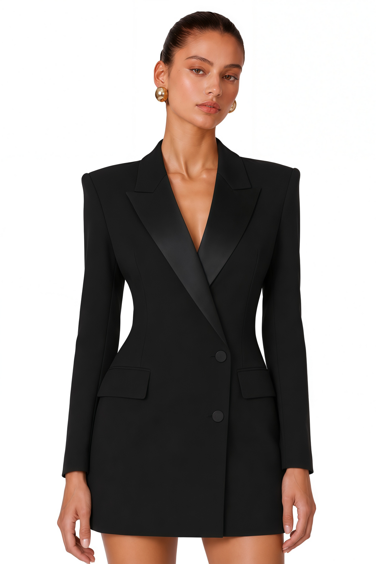 Fleur Saten Panelli Blazer Mini Elbise Siyah