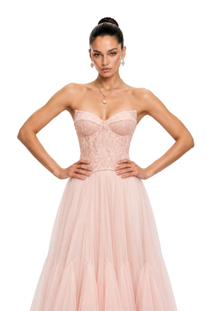 Ulrique Dantel ve Korse Detaylı Tül Maksi Elbise Pembe