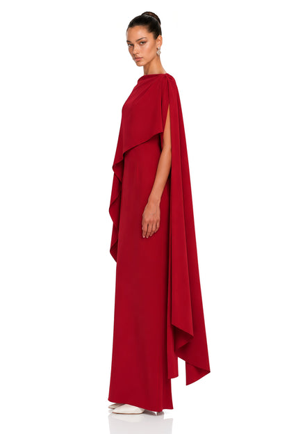 Zinhle Pelerin ve Drape Detaylı Maksi Elbise Kırmızı