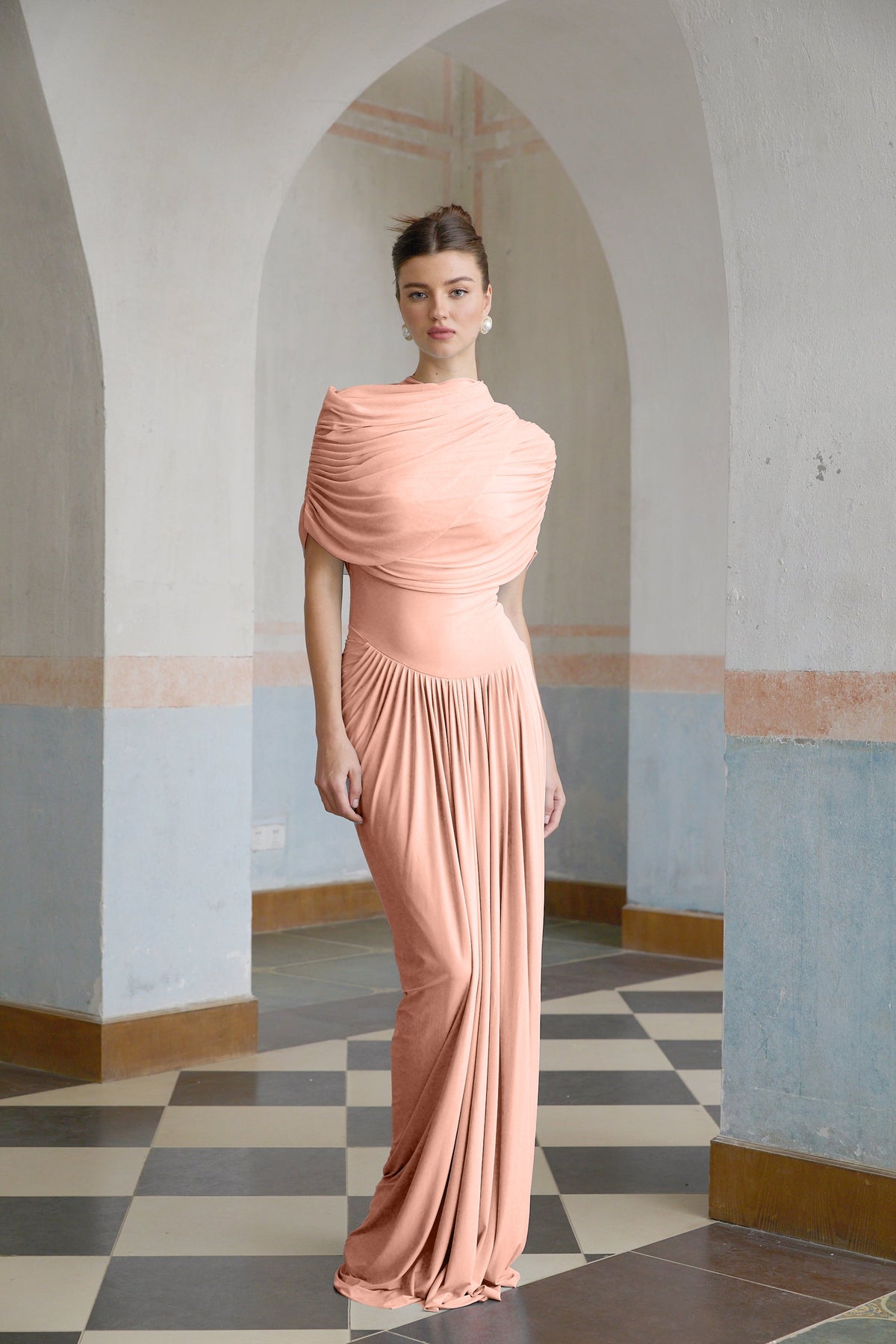 Catherine Asimetrik Pileli Maxi Elbise Pembe