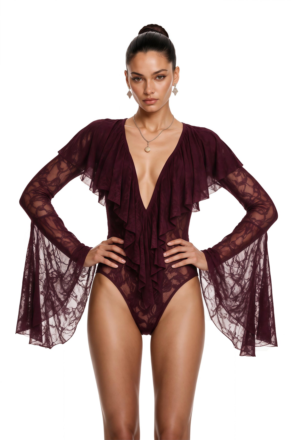 Ruan Fırfır Detaylı Dantel Body Bordo