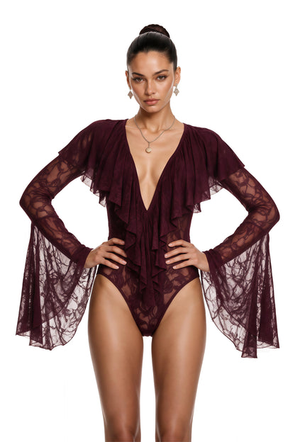 Ruan Fırfır Detaylı Dantel Body Bordo