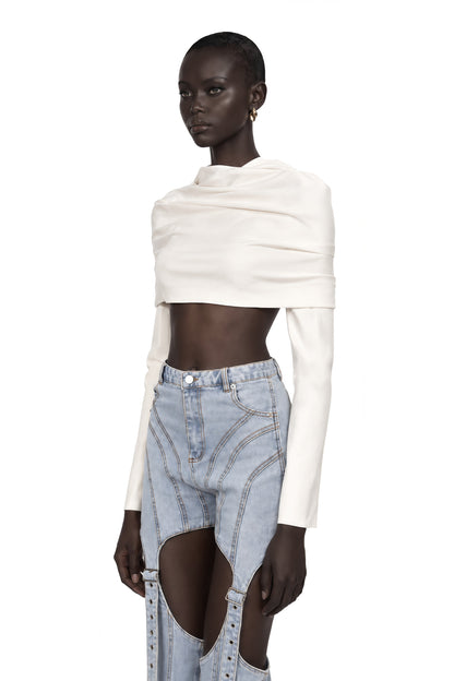 Hanna Büzgü Detaylı Düşük Omuz Crop Bluz Beyaz