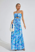 Ellison Mavi Volanlı Halter Maxi Elbise