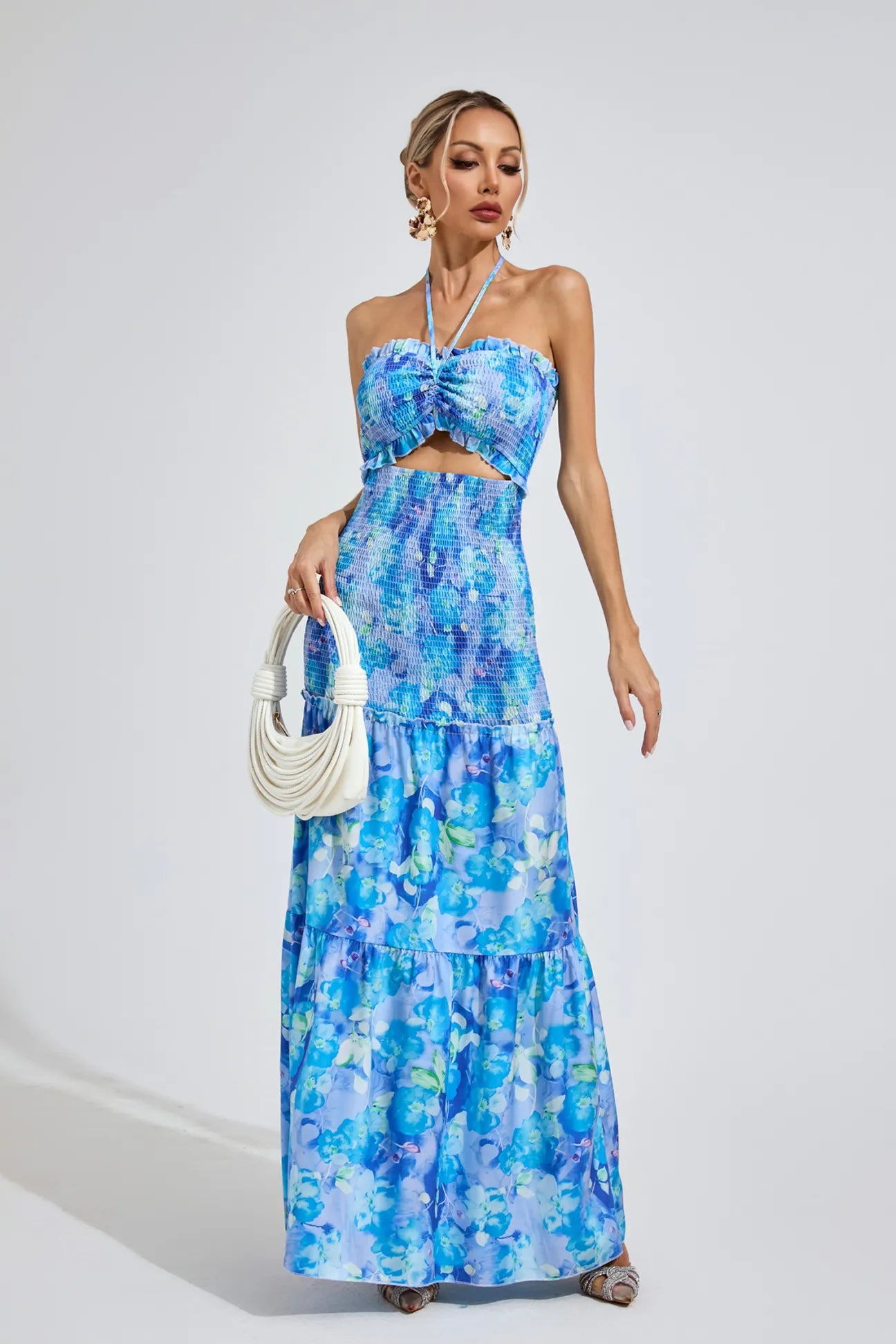 Ellison Mavi Volanlı Halter Maxi Elbise