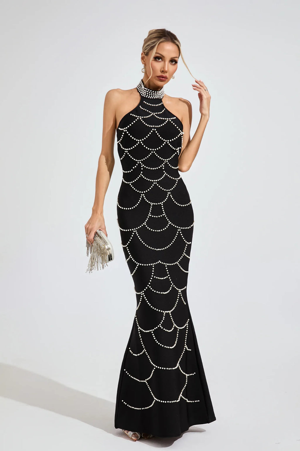 Imogen Siyah İnci Halter Bandaj Maxi Elbise
