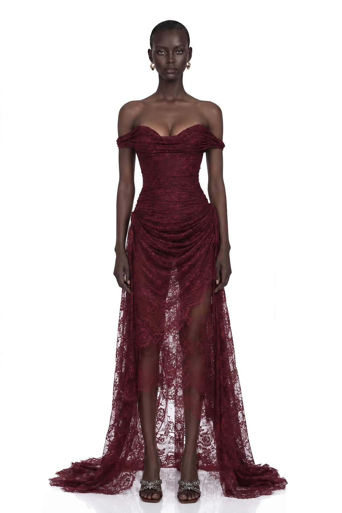 Eline Drape Detaylı Çiçekli Dantel Maxi Elbise Bordo