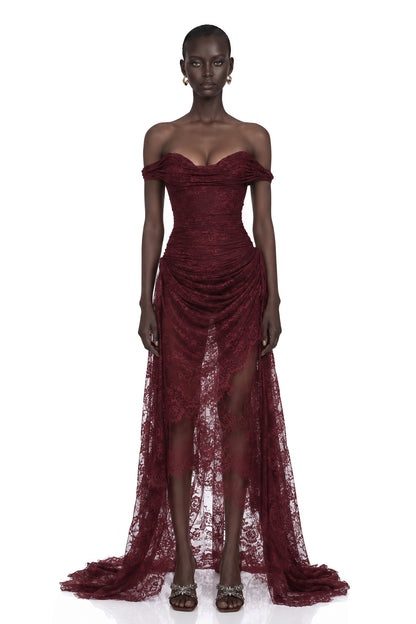 Eline Drape Detaylı Çiçekli Dantel Maxi Elbise Bordo