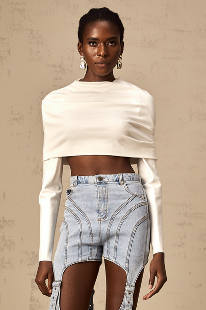 Hanna Büzgülü Düşük Omuzlu Crop Bluz Beyaz