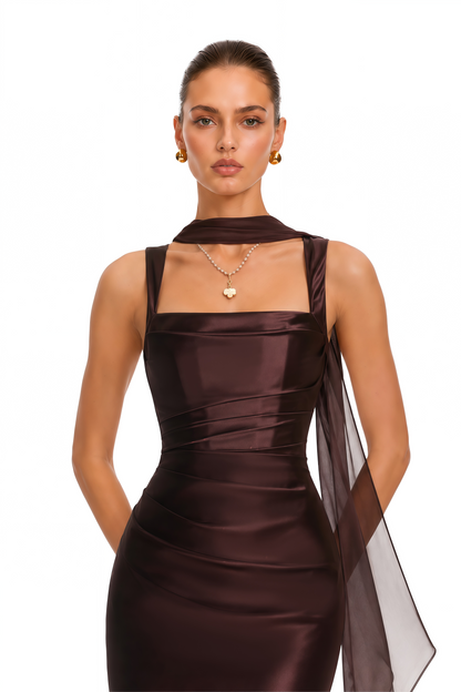 Inmaculada Drape Detaylı Saten Maxi Elbise Kahverengi