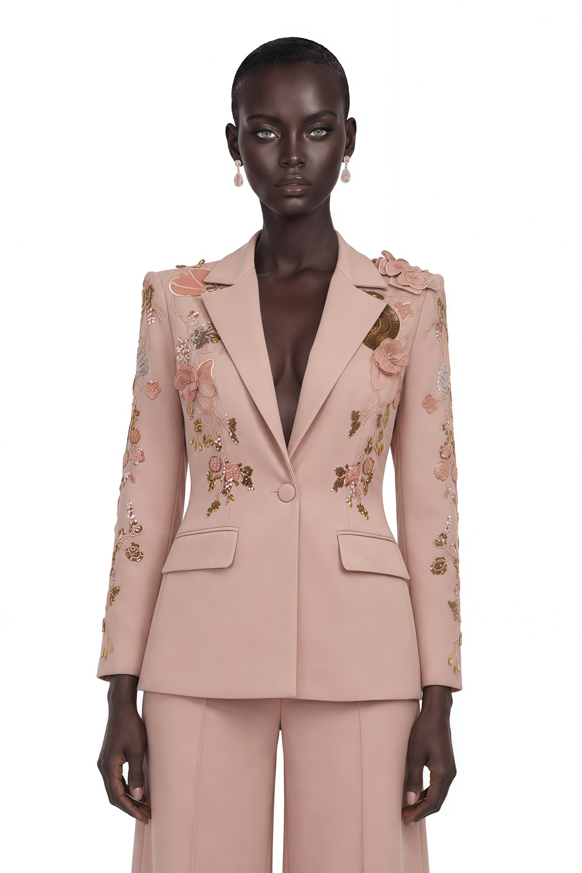 Morgane Payet ve Çiçek Detaylı Blazer Pantolon Takım Pembe