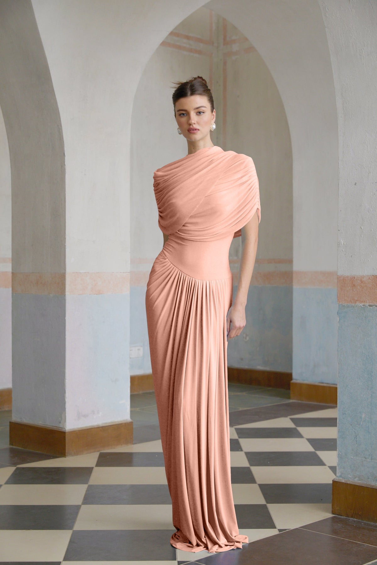 Catherine Asimetrik Pileli Maxi Elbise Pembe