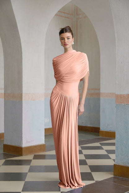 Catherine Asimetrik Pileli Maxi Elbise Pembe