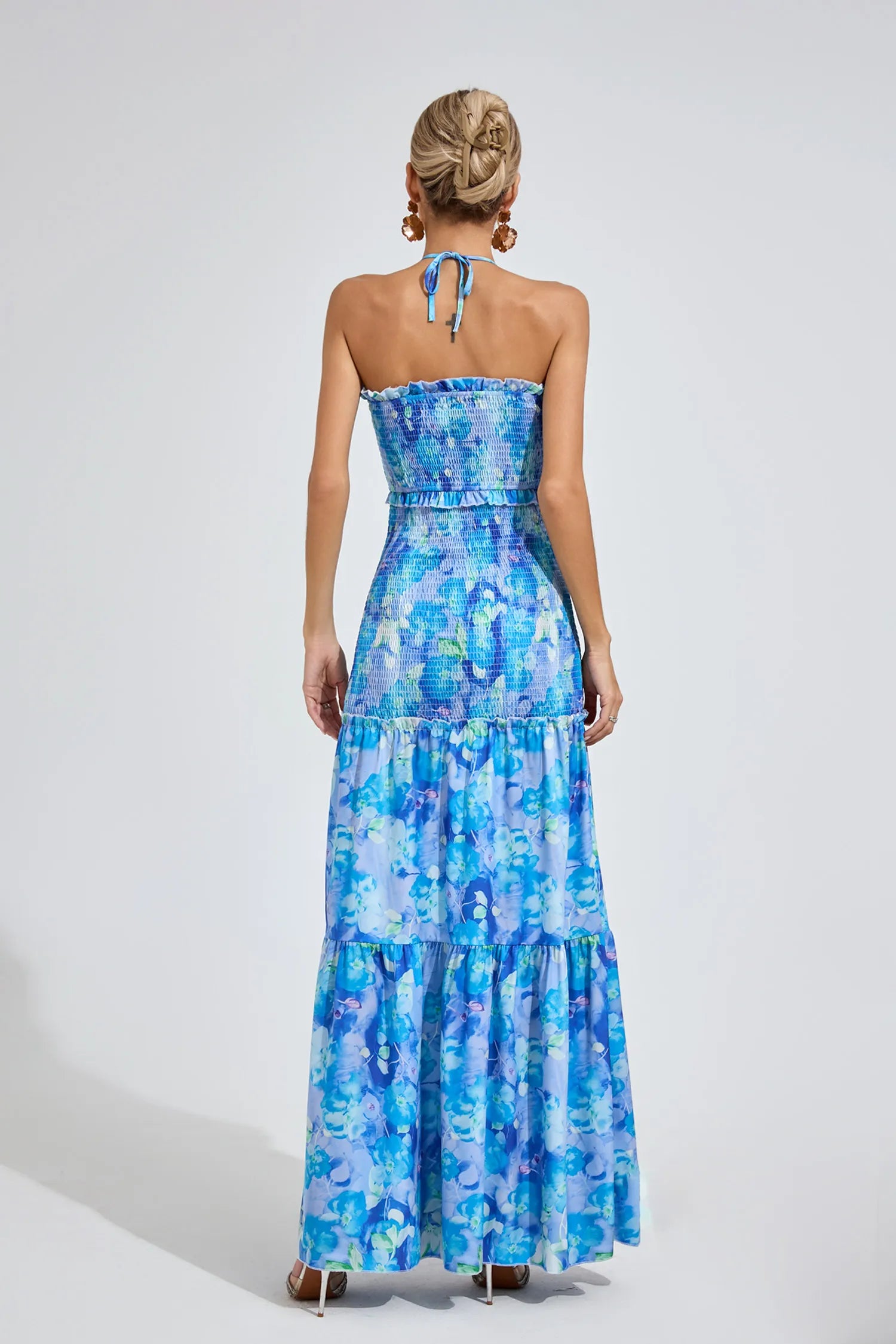 Ellison Mavi Volanlı Halter Maxi Elbise