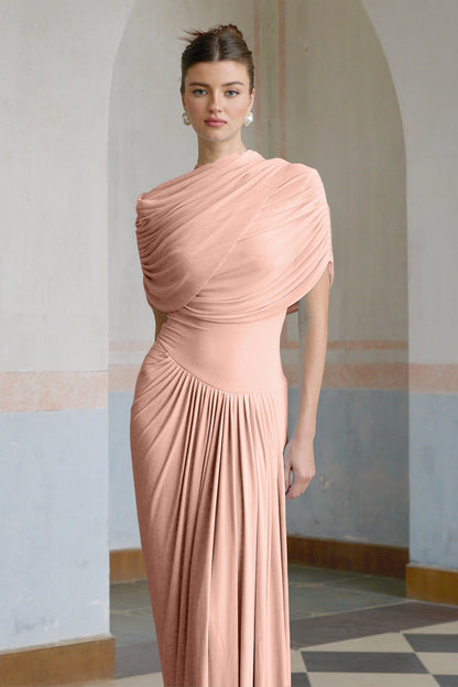 Catherine Asimetrik Pileli Maxi Elbise Pembe