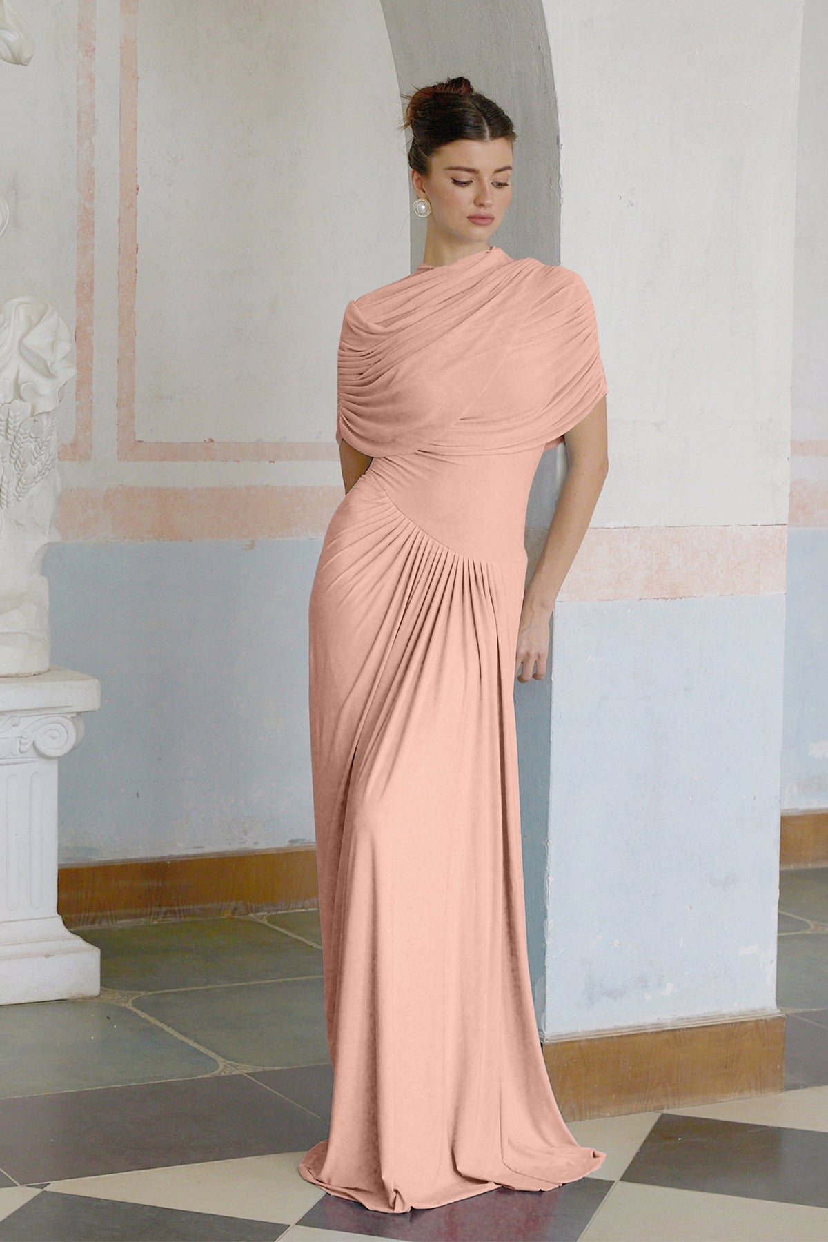 Catherine Asimetrik Pileli Maksi Elbise Pembe