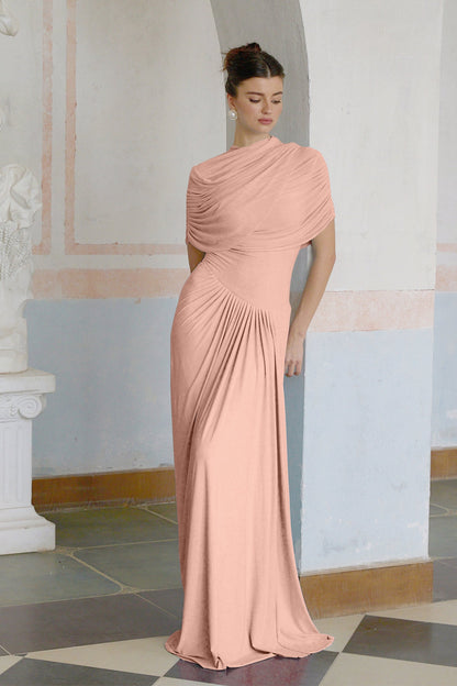 Catherine Asimetrik Pileli Maxi Elbise Pembe