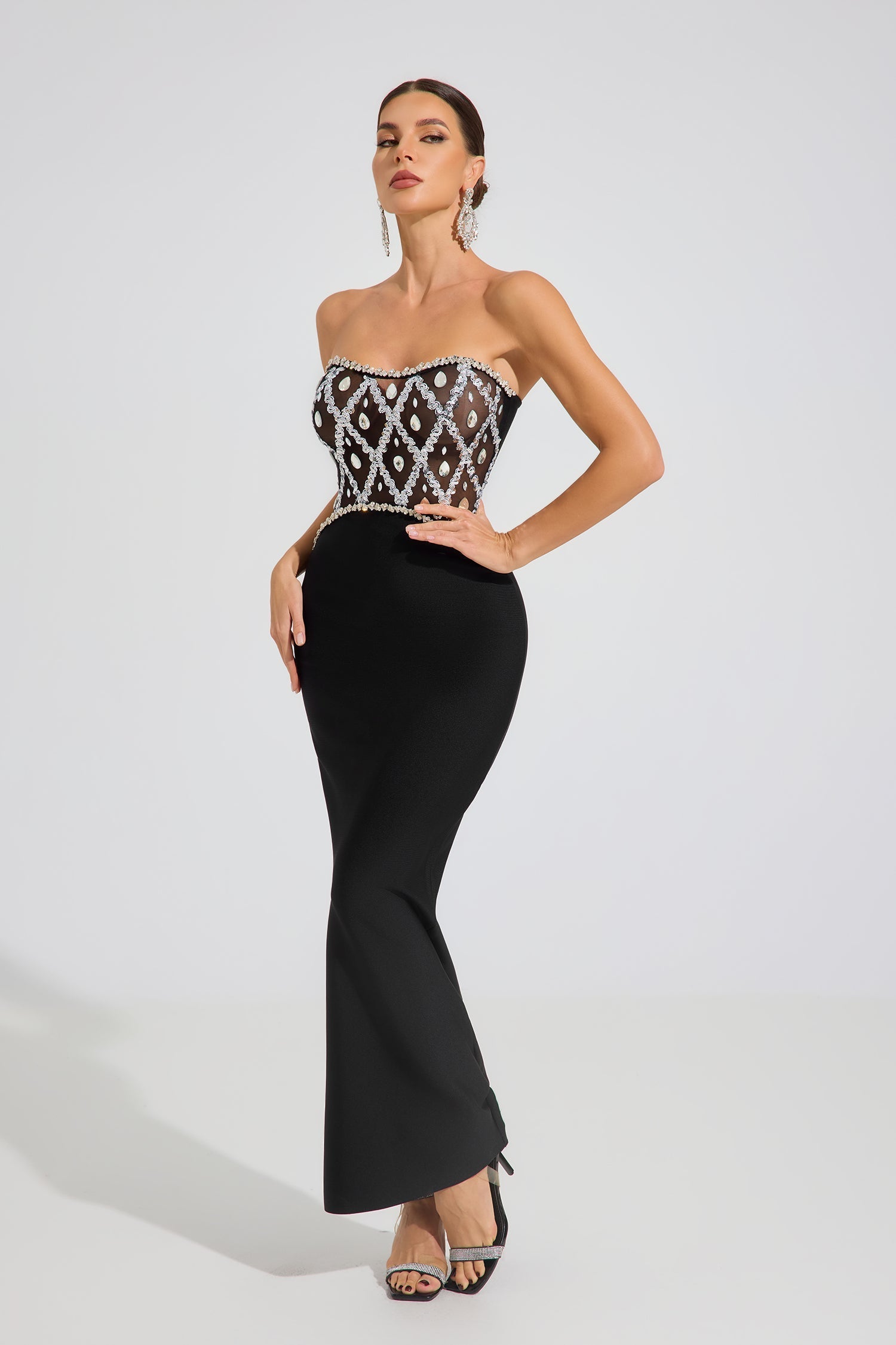 Elune Crystal Noir Straplez Maxi Elbise
