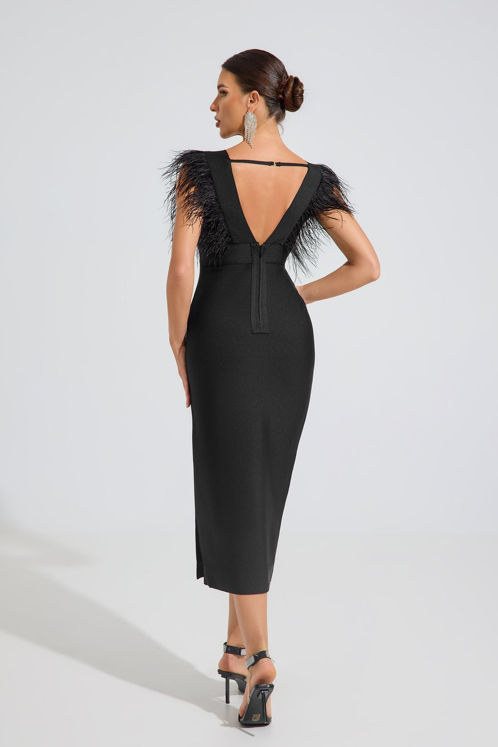 Gruia Noir Feather Grace Midi Elbise