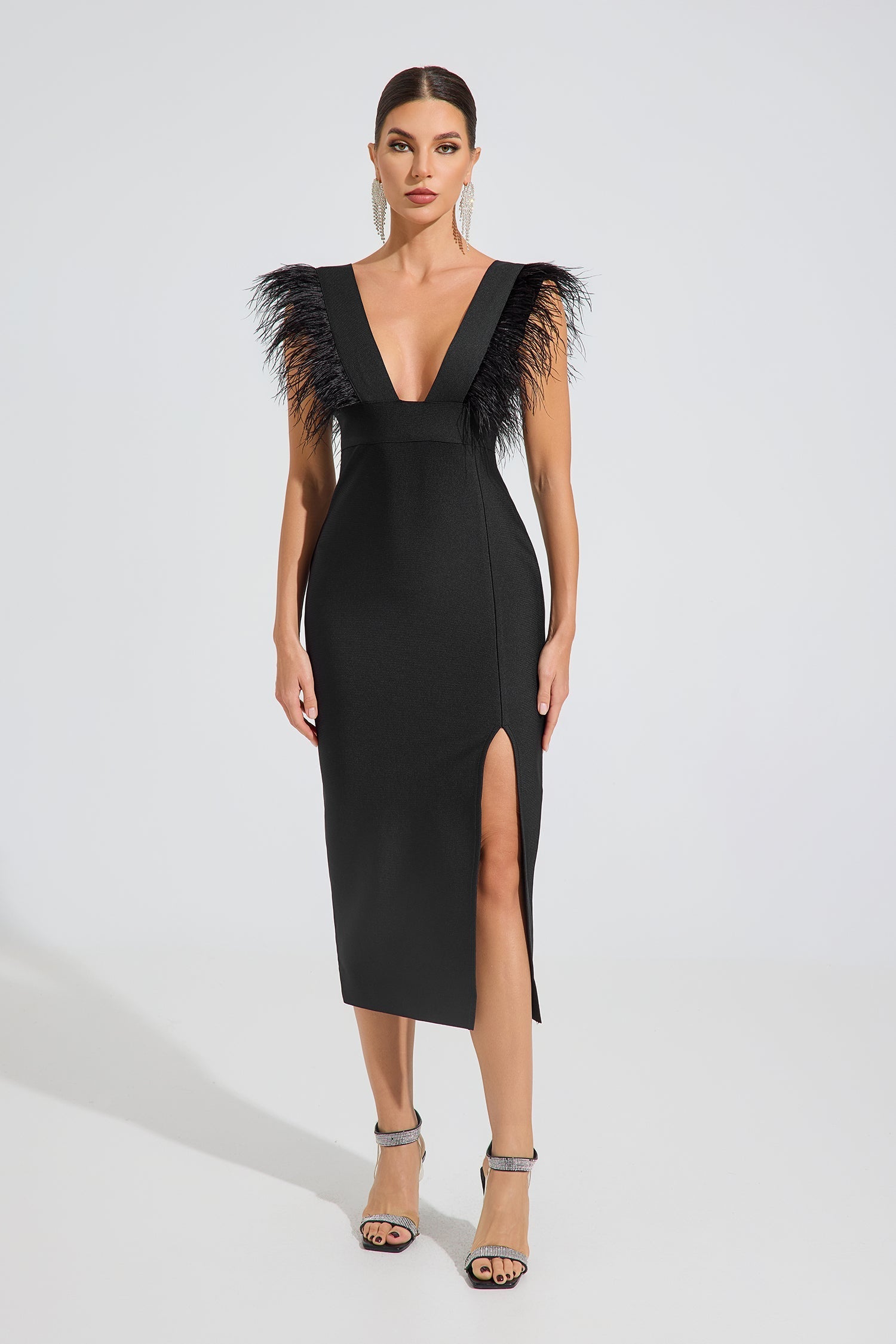 Gruia Noir Feather Grace Midi Elbise
