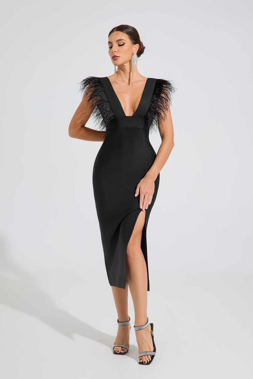 Gruia Noir Feather Grace Midi Elbise