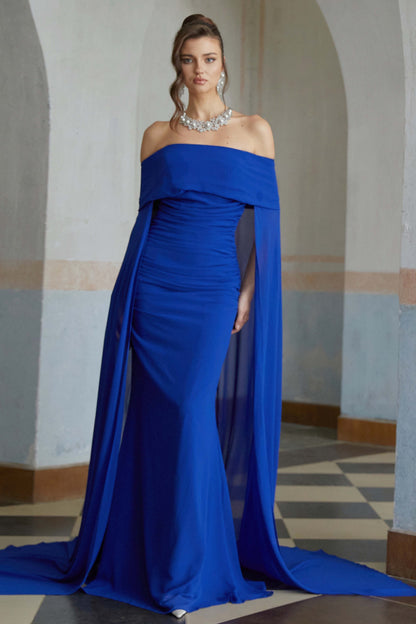 Jovie Pelerin Detaylı Drape Maxi Elbise Mavi