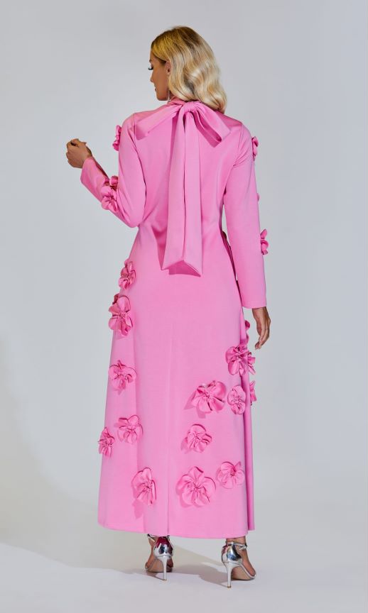 Elva Pembe Uzun Kol Çiçekli Maxi Elbise