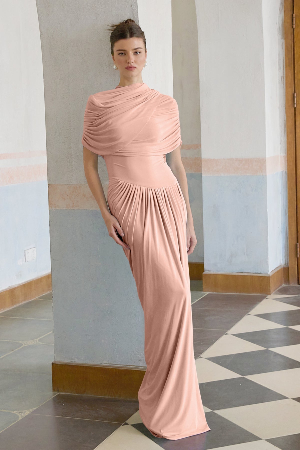 Catherine Asimetrik Pileli Maxi Elbise Pembe