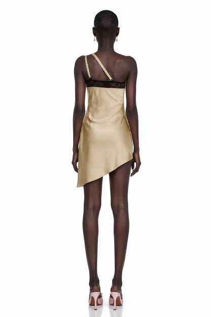 Juana Dantel Detaylı Asimetrik Mini Elbise Nötr