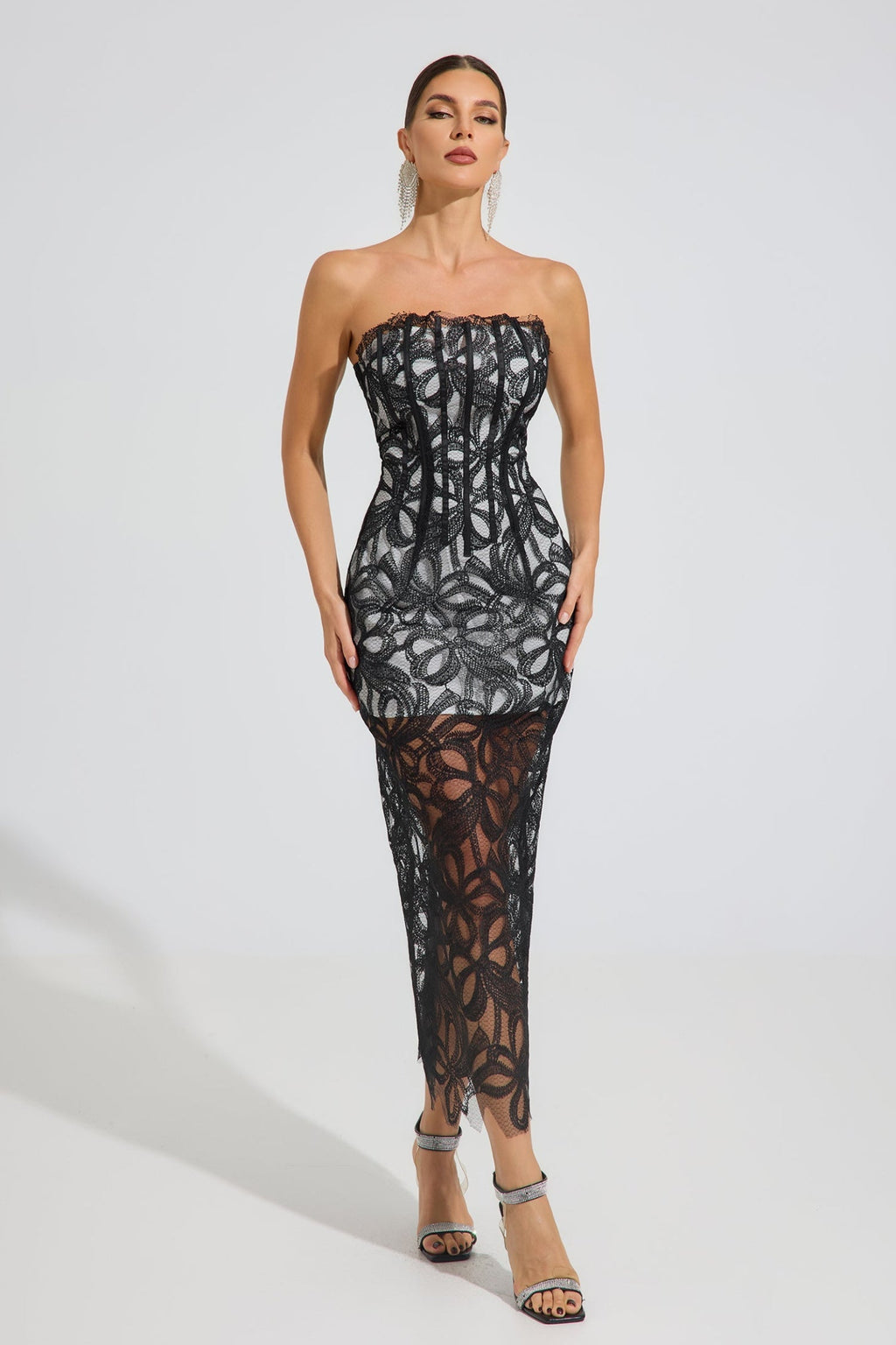 Fiona Noir Dantel Korse Maxi Elbise