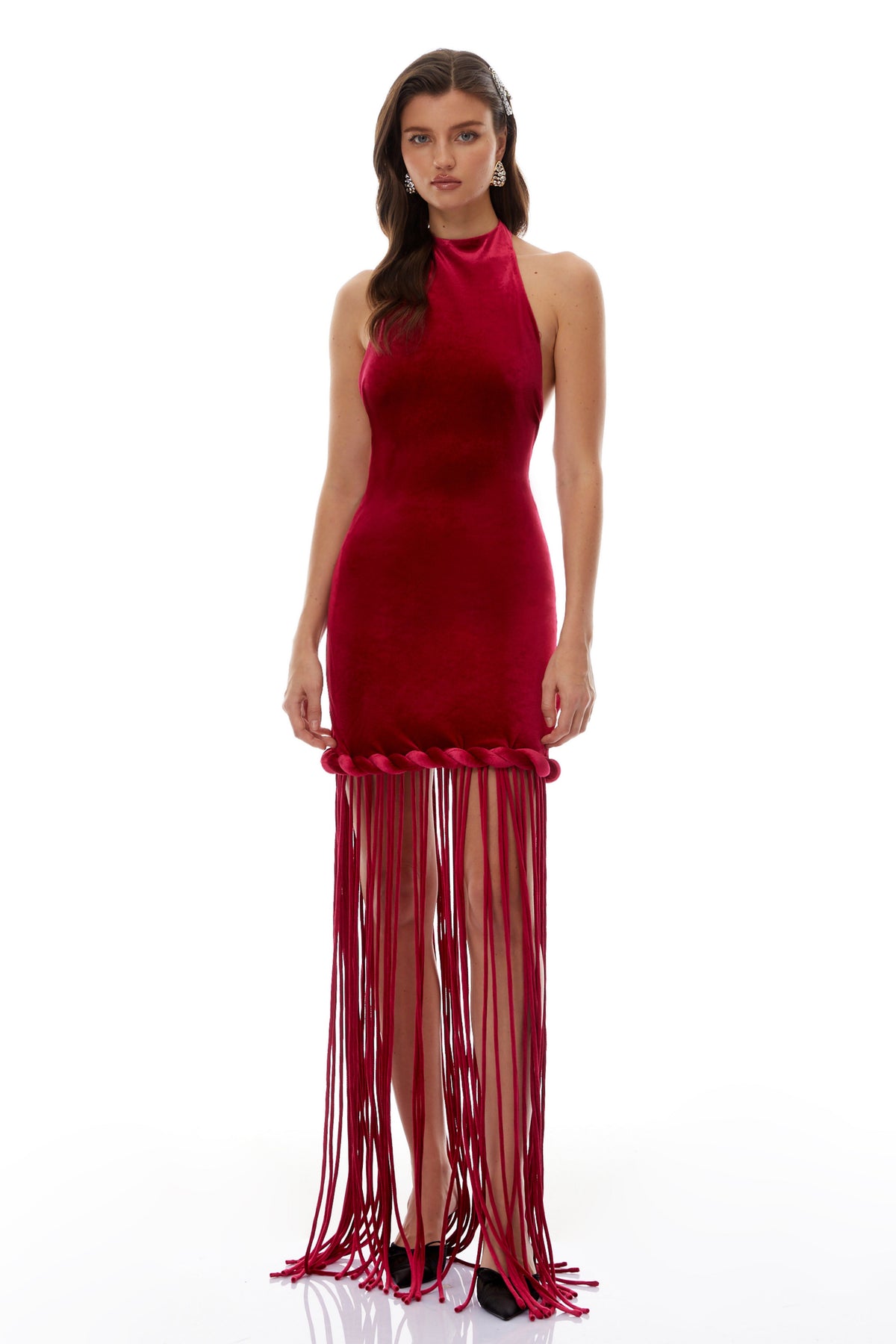 Aïda Halter Yaka Kadife Maksi Elbise Kırmızı
