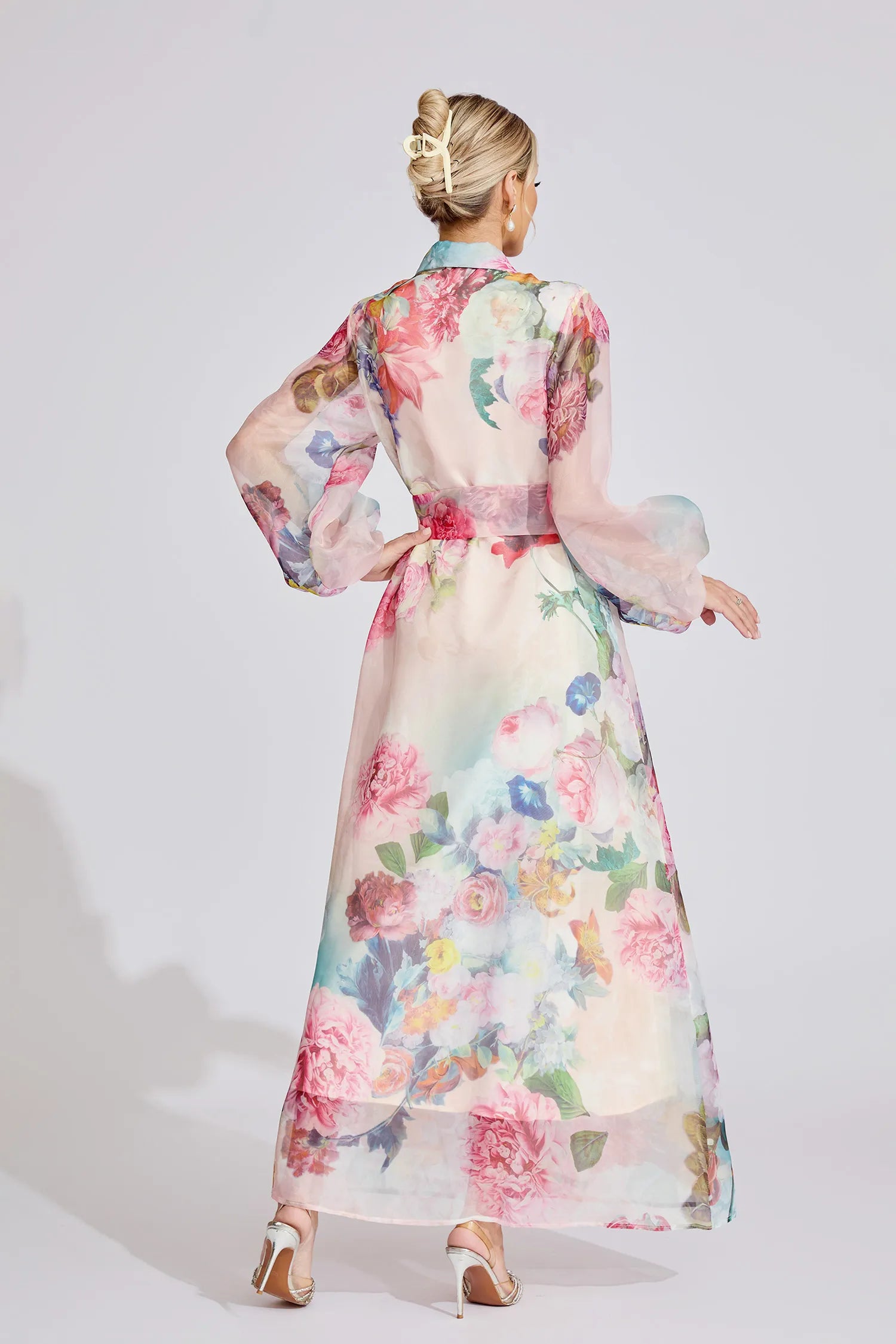 Farah Pembe Fransız 3D Çiçekli Maxi Elbise