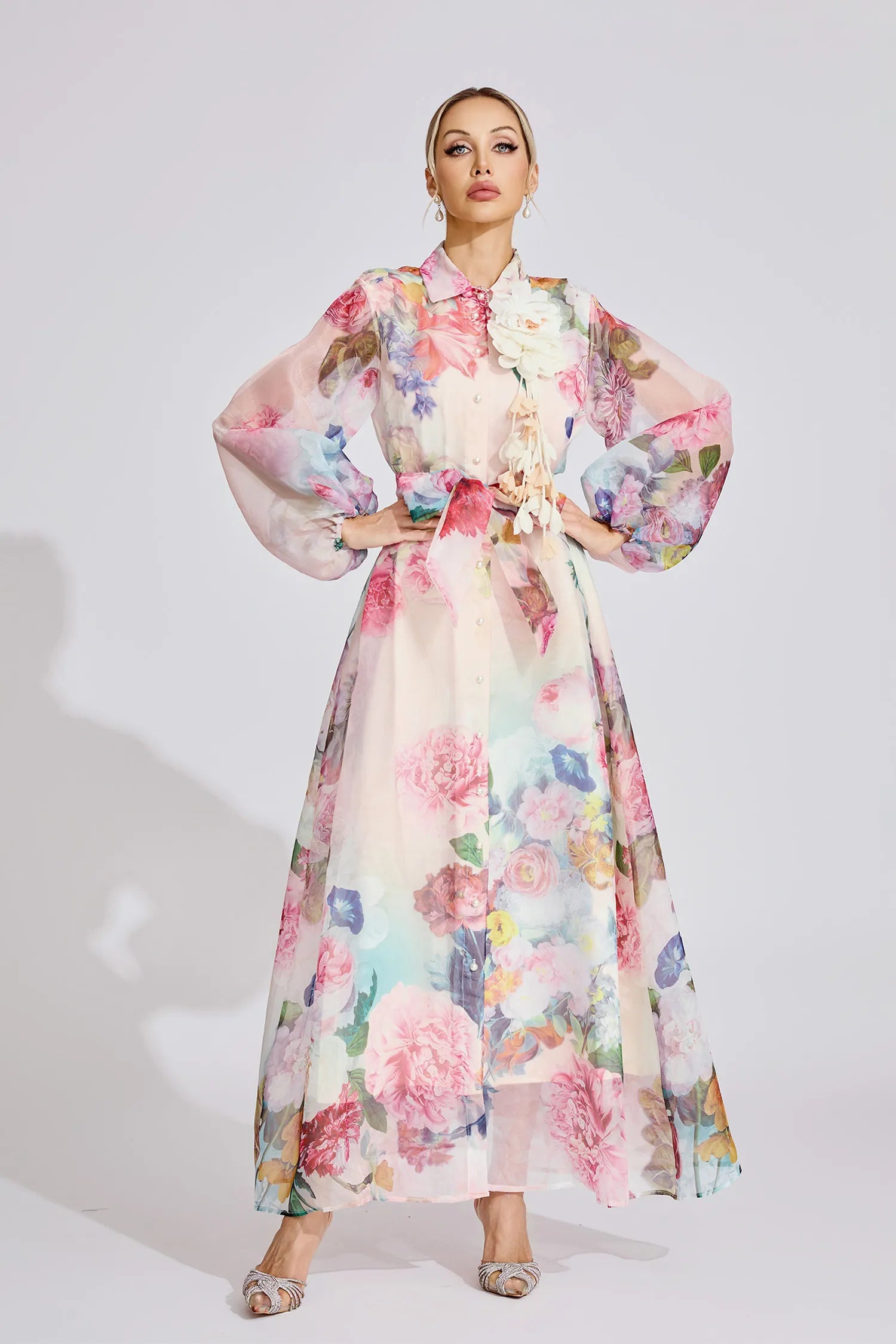 Farah Pembe Fransız 3D Çiçekli Maxi Elbise