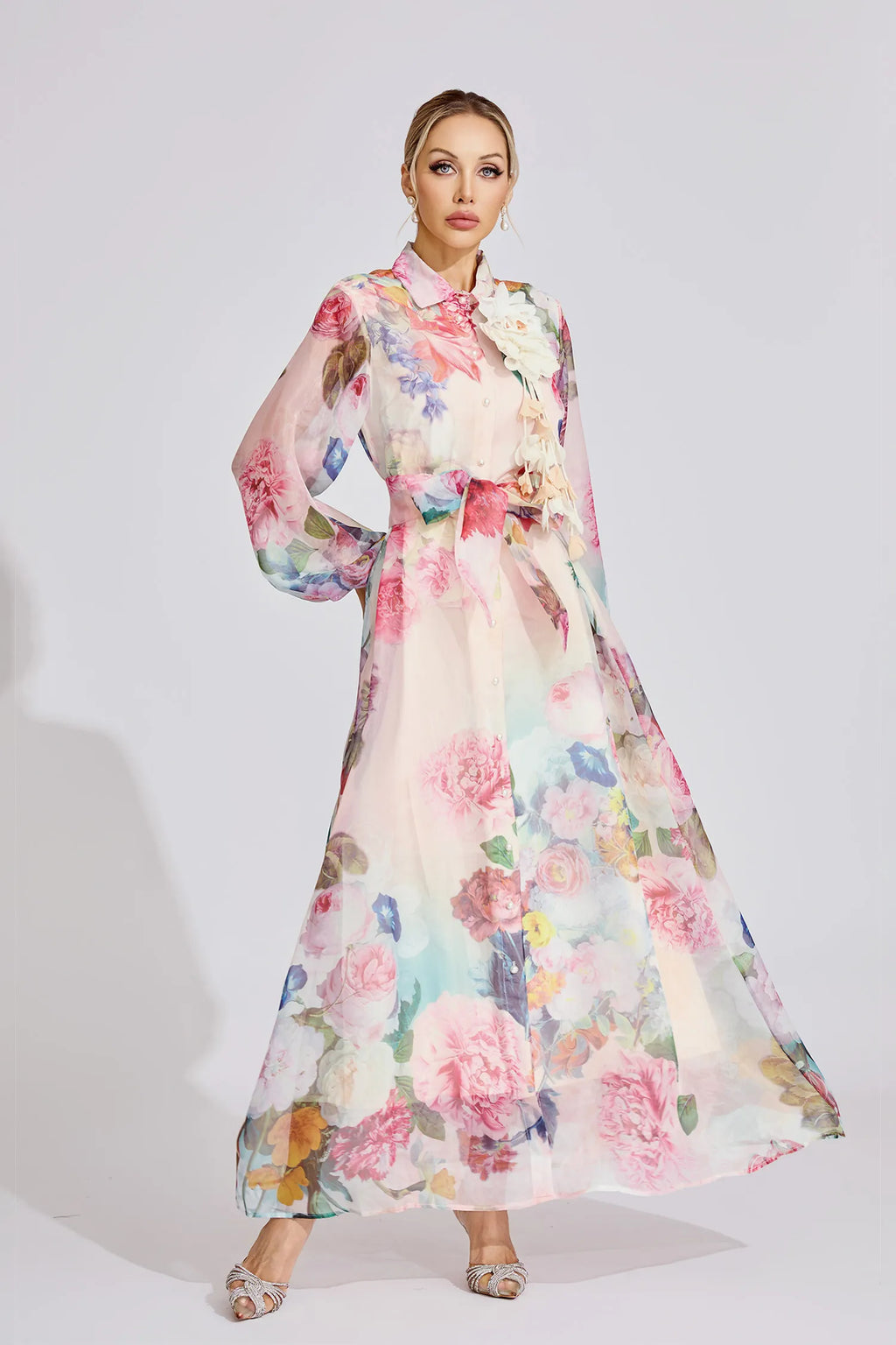 Farah Pembe Fransız 3D Çiçekli Maxi Elbise