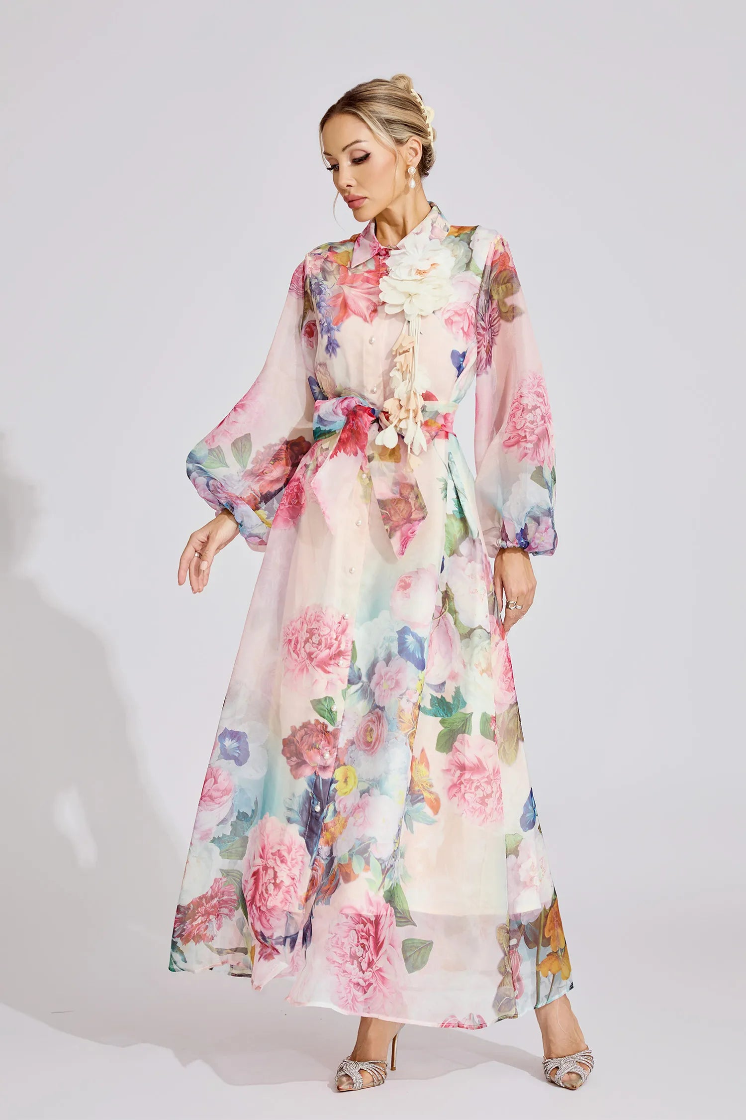 Farah Pembe Fransız 3D Çiçekli Maxi Elbise