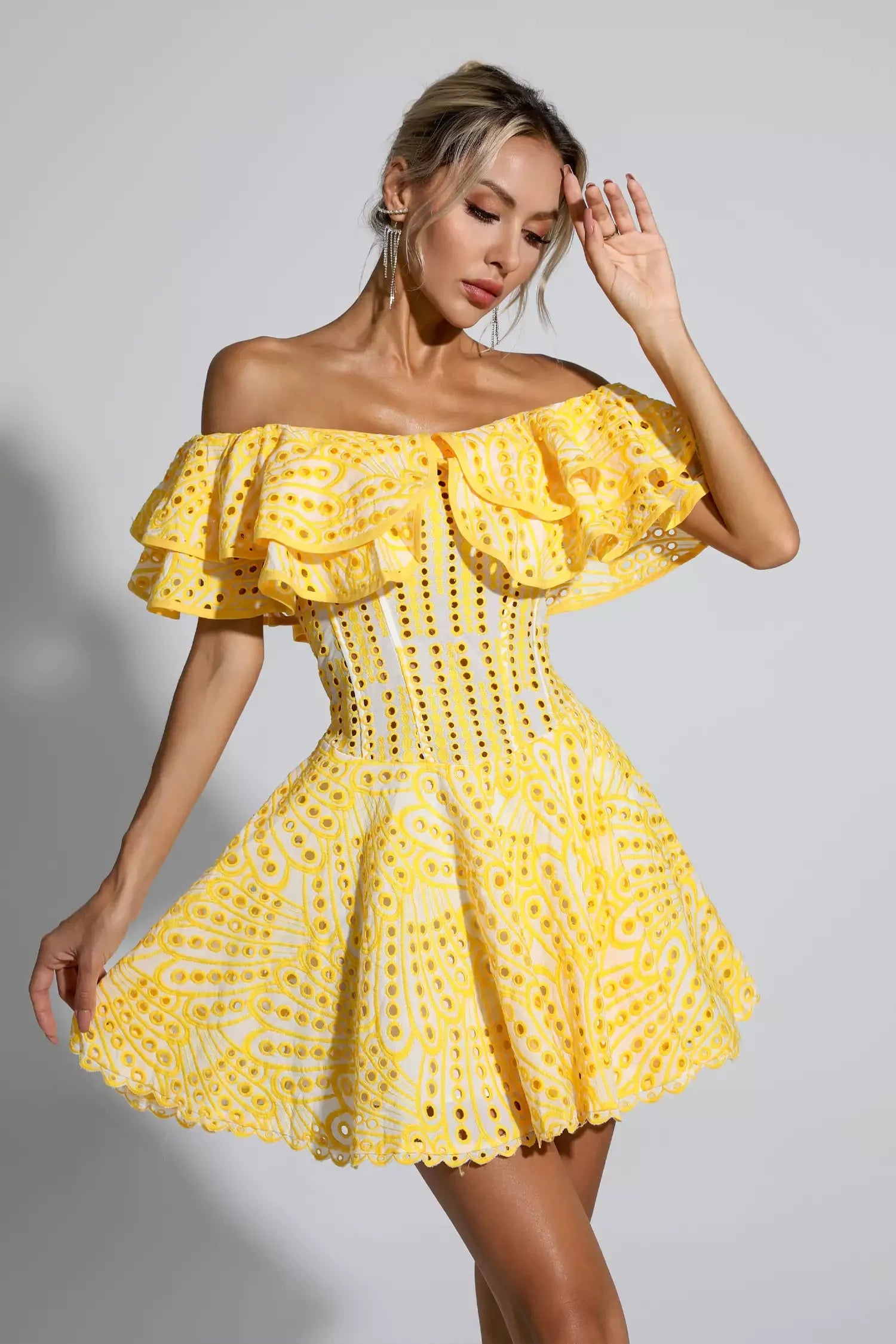 Amora Sarı Kesik Ruffle Mini Elbise