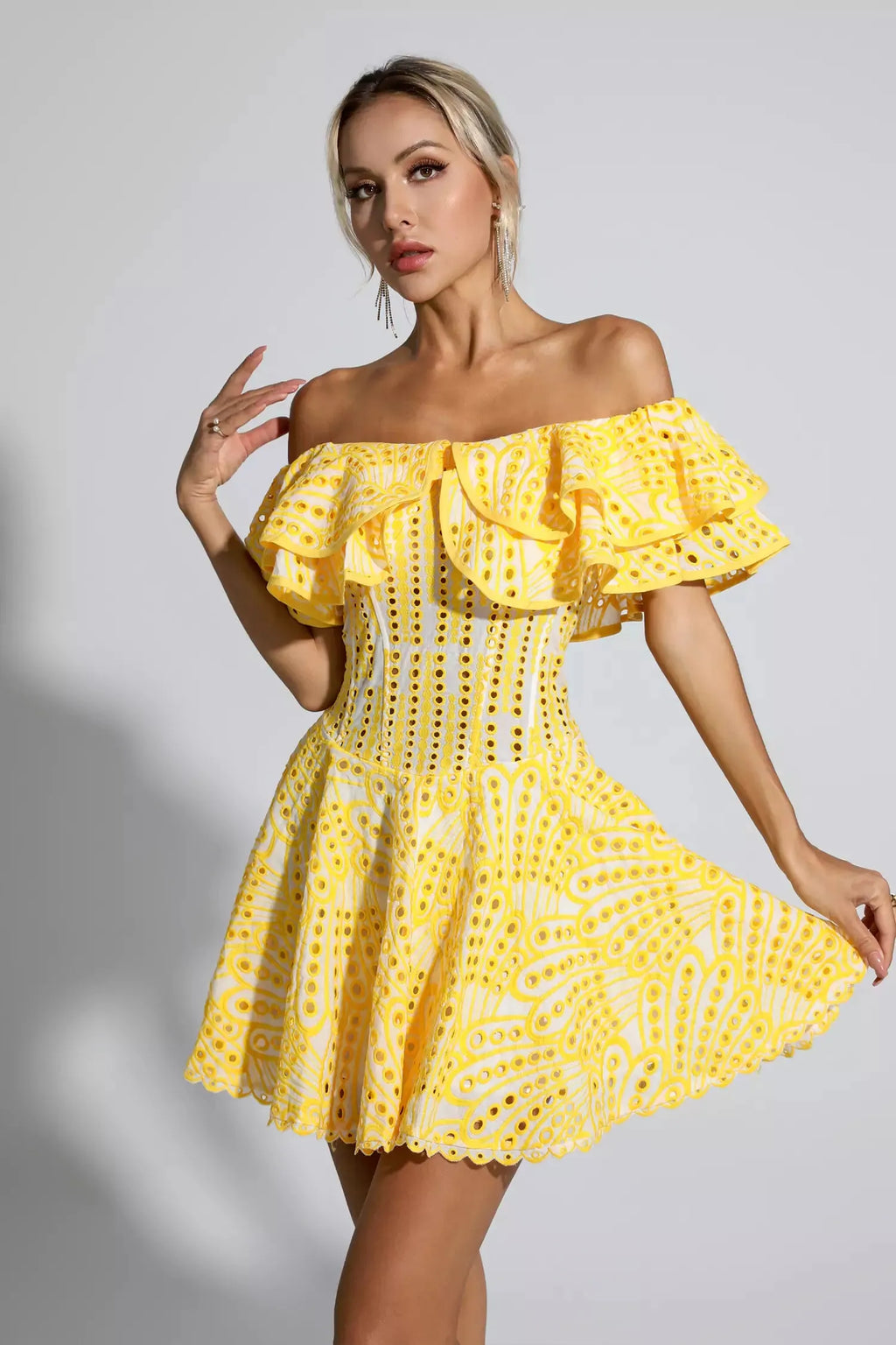 Amora Sarı Kesik Ruffle Mini Elbise