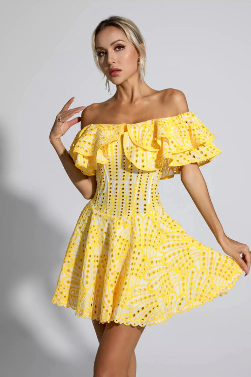 Amora Sarı Kesik Ruffle Mini Elbise