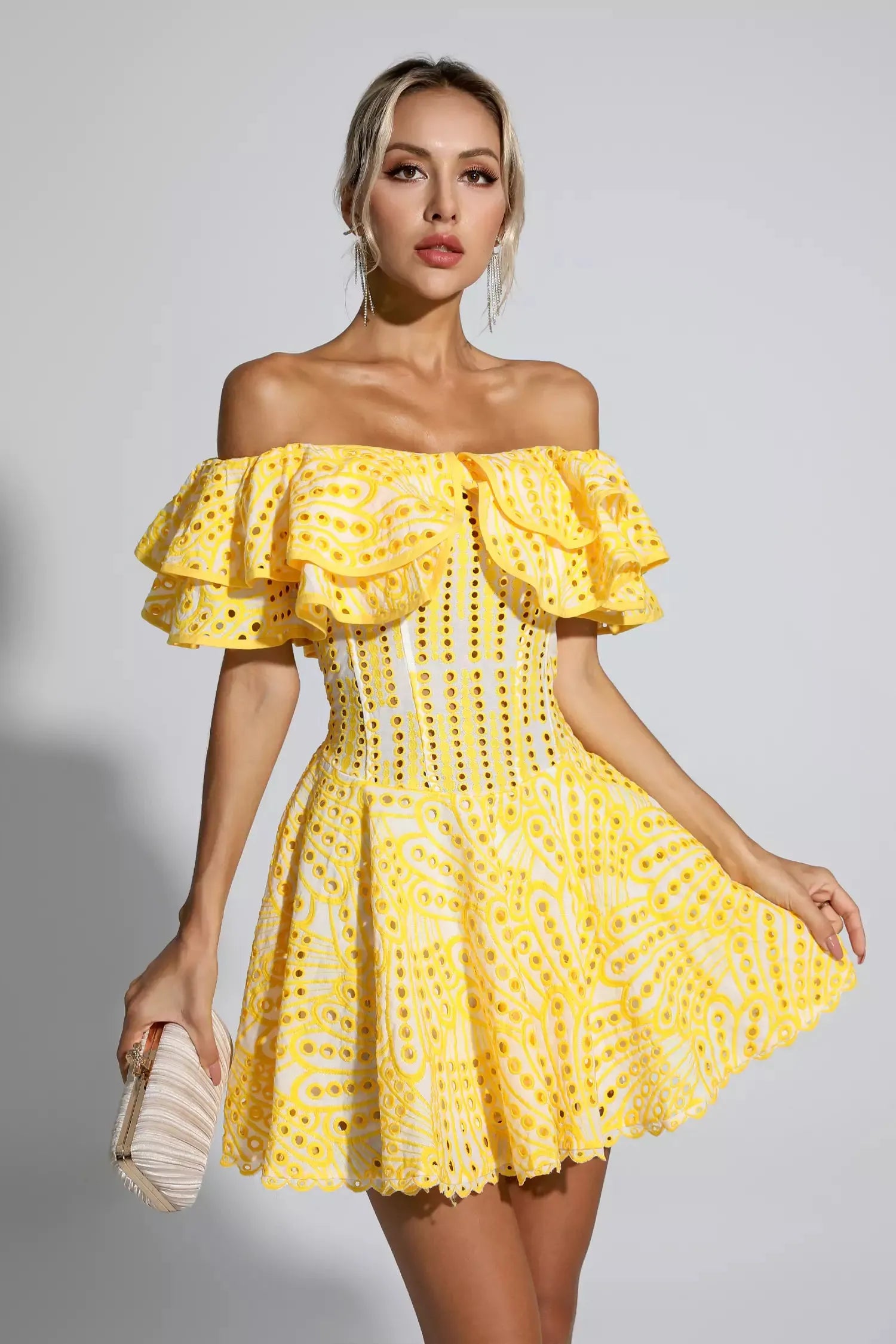Amora Sarı Kesik Ruffle Mini Elbise