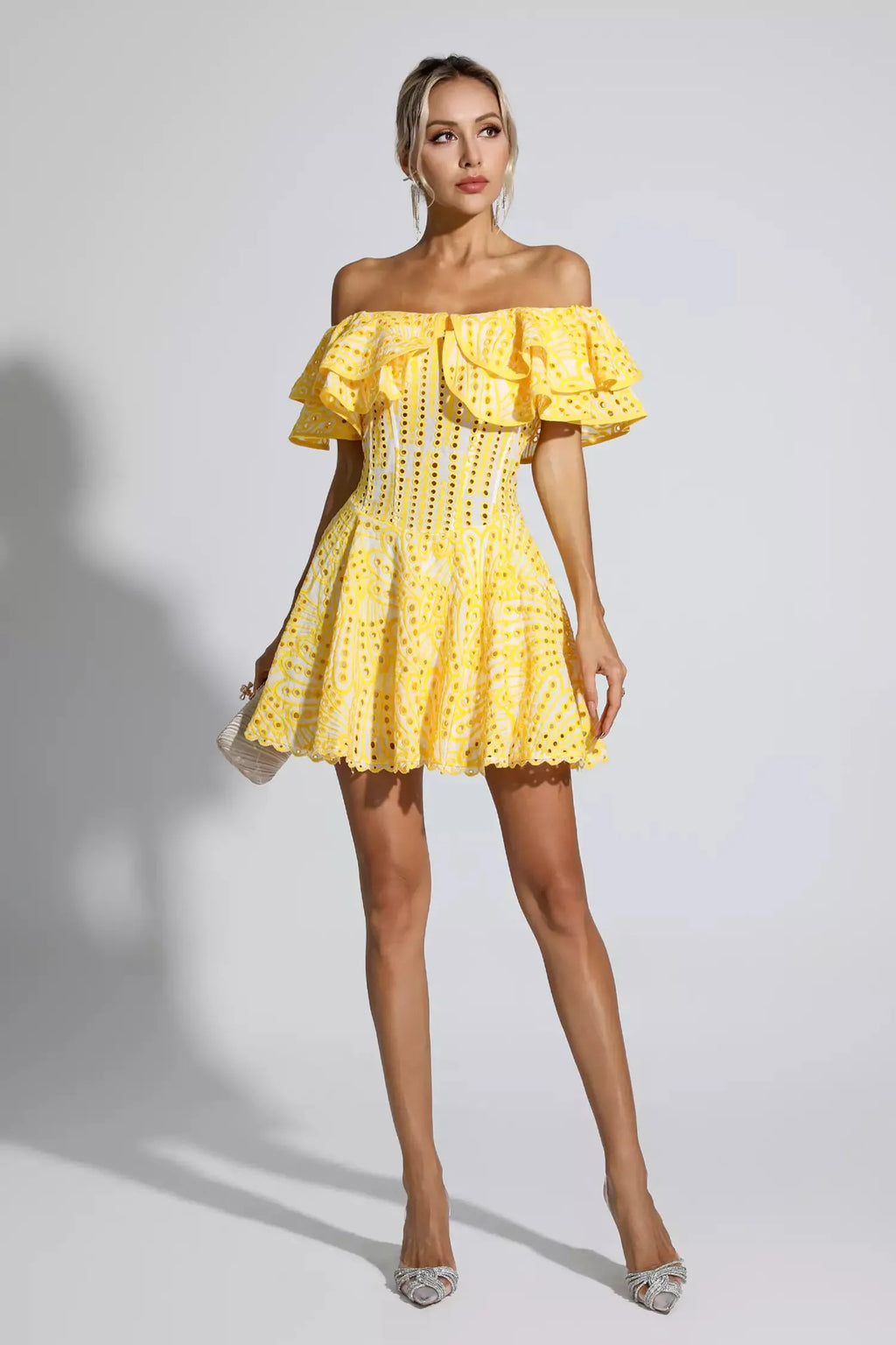 Amora Sarı Kesik Ruffle Mini Elbise