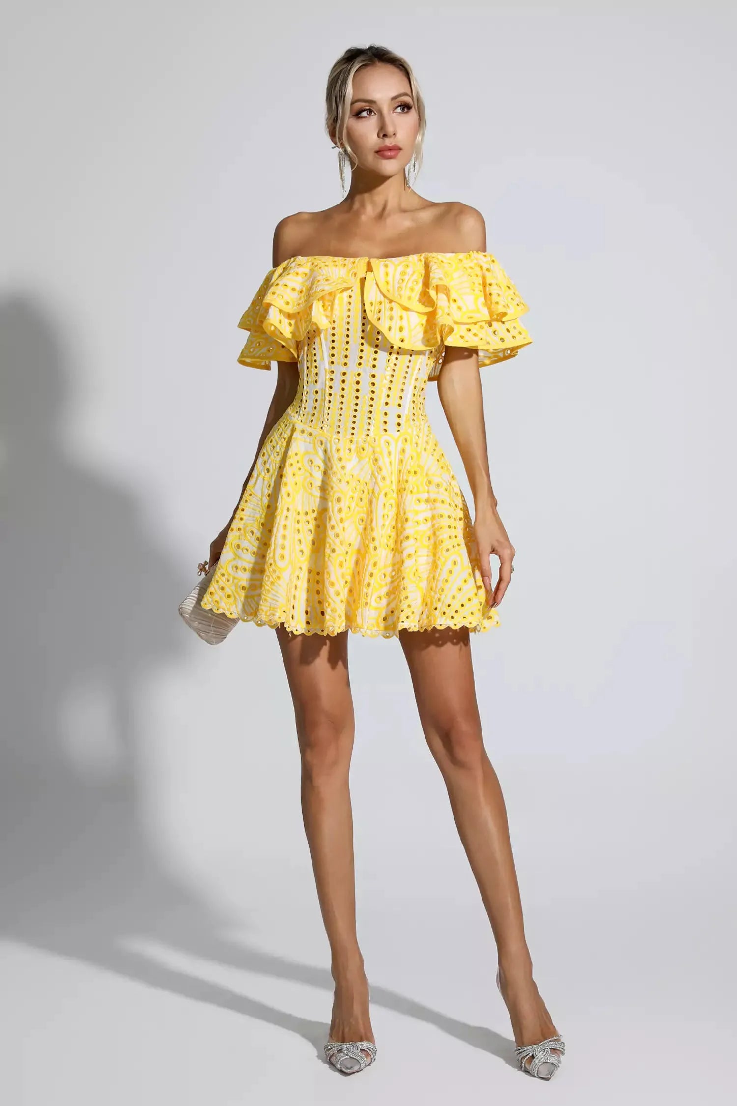 Amora Sarı Kesik Ruffle Mini Elbise