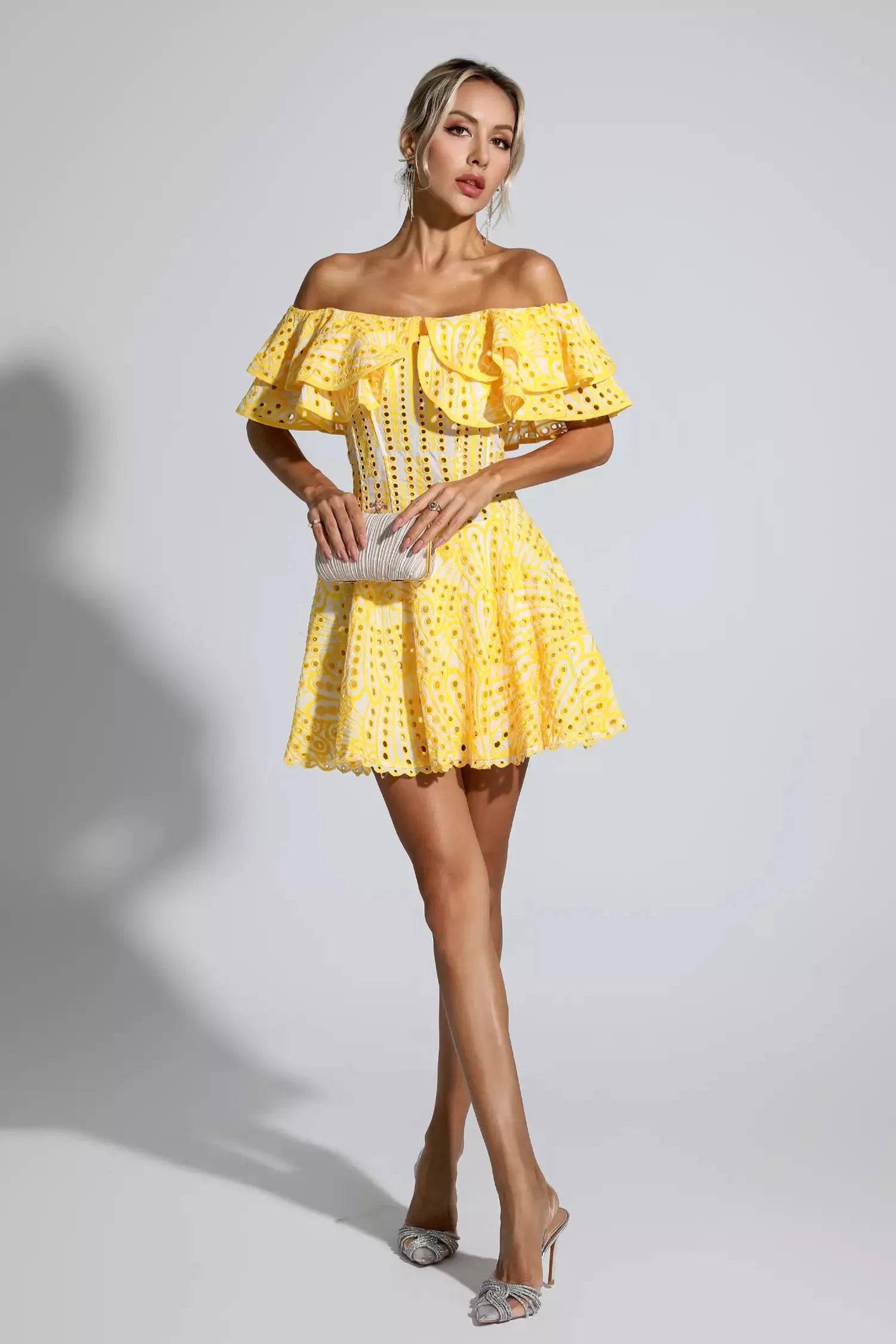 Amora Sarı Kesik Ruffle Mini Elbise