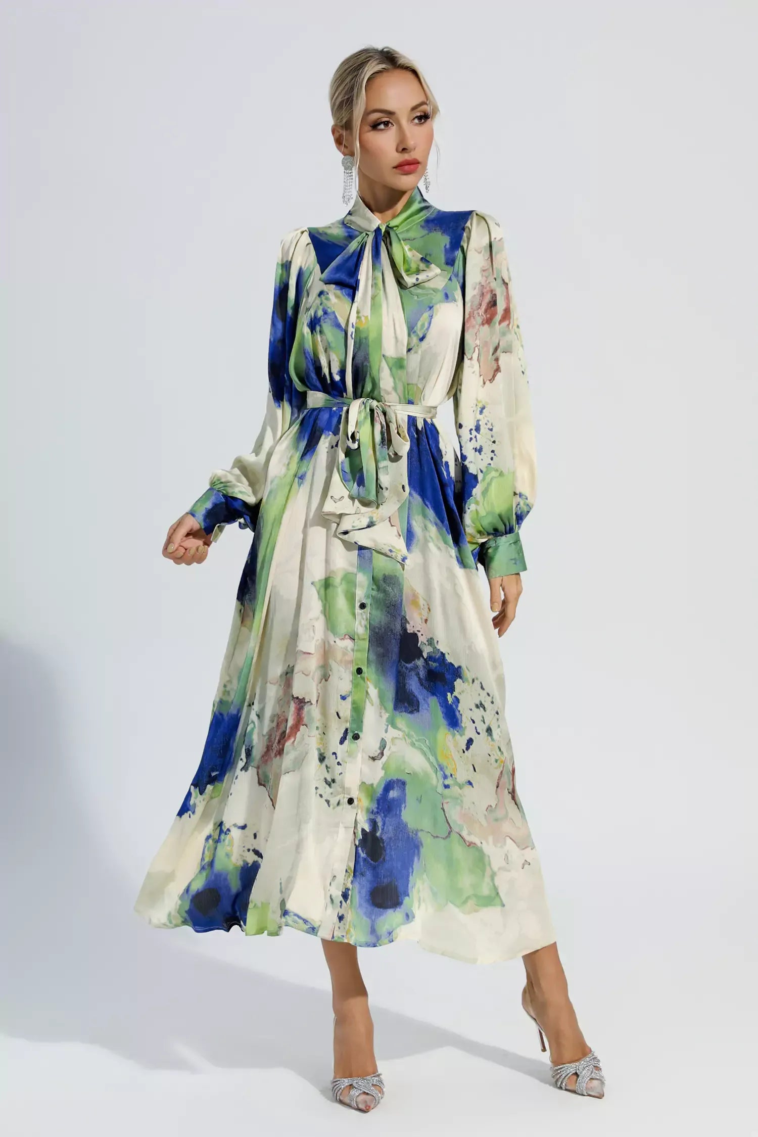 Anne Çiçekli Tie Dye Uzun Kollu Maxi Elbise