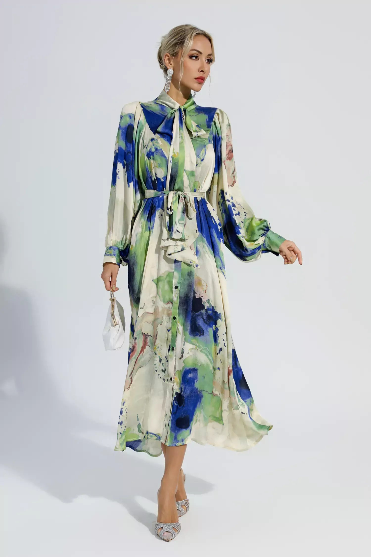 Anne Çiçekli Tie Dye Uzun Kollu Maxi Elbise