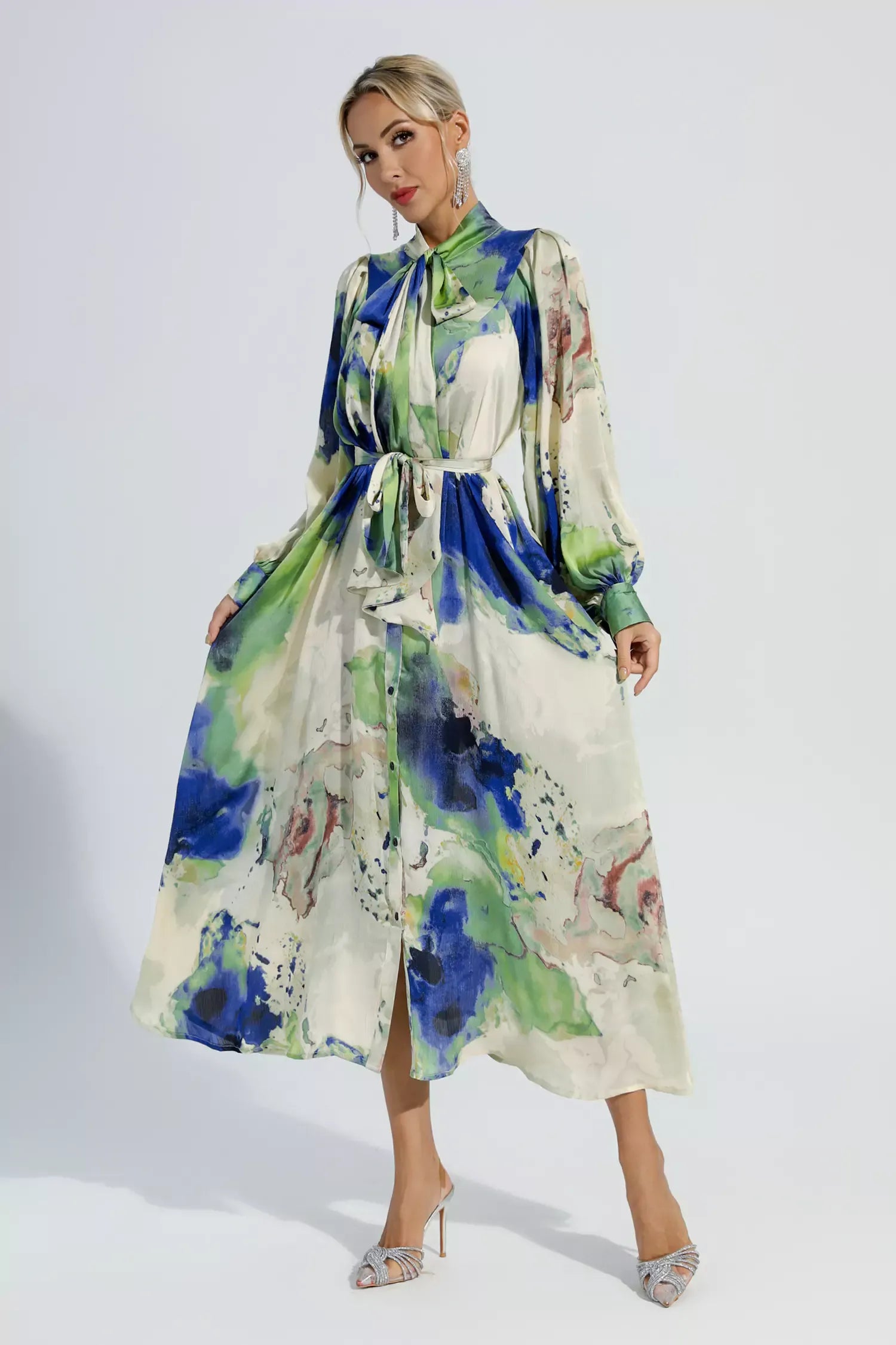 Anne Çiçekli Tie Dye Uzun Kollu Maxi Elbise