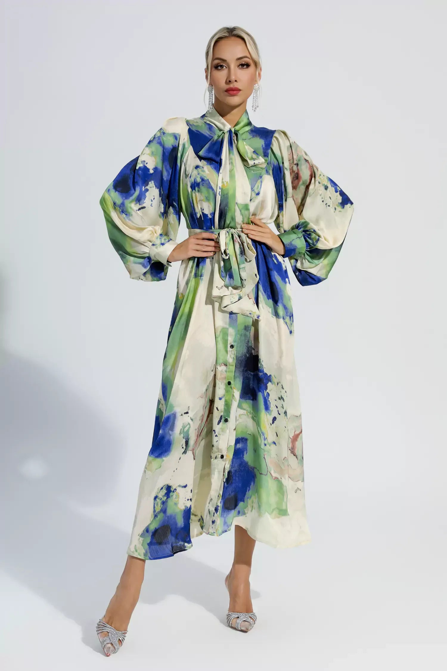 Anne Çiçekli Tie Dye Uzun Kollu Maxi Elbise
